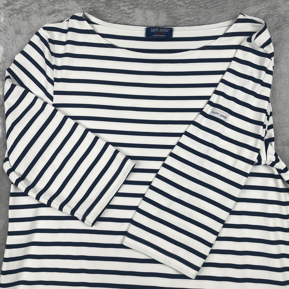 Saint James Breton Striped Boat Neck Top Navy White 3/4 Sleeve Made in France 10